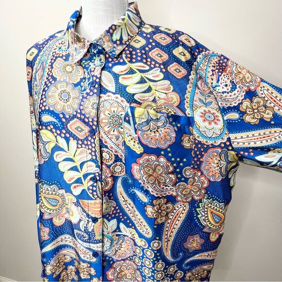 Nasty Gal Paisley Print Oversized Button Down Shirt Cobalt US 10 - Picture 3 of 12